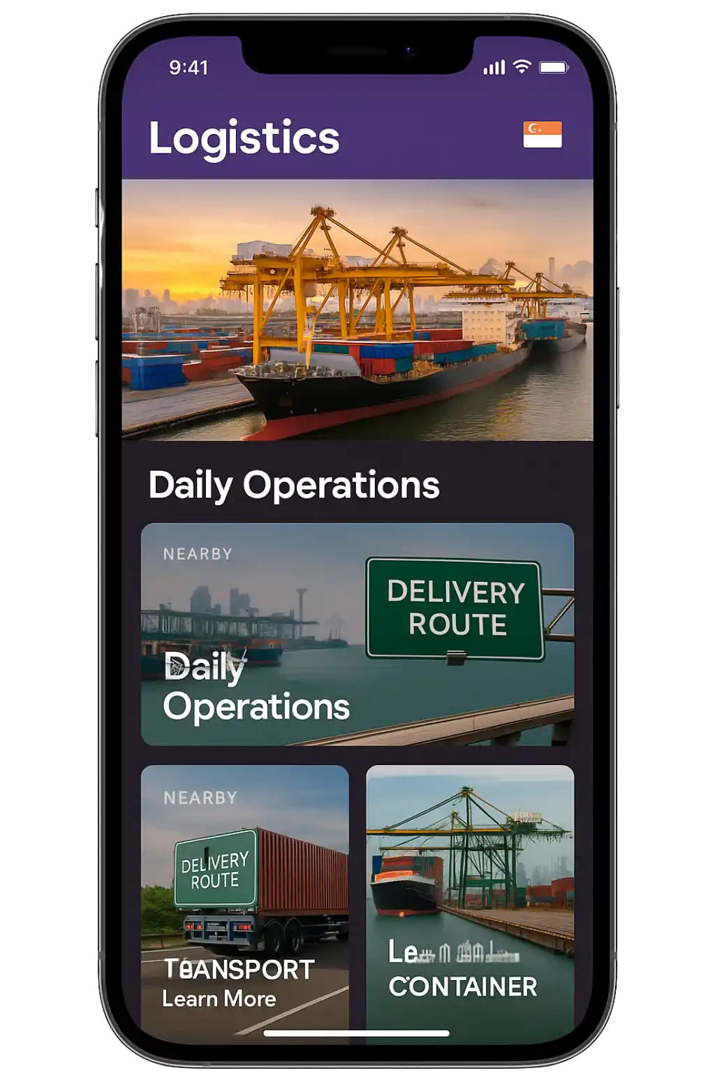 Smartphone running Odoo Warehouse & Inventory for Singapore with Stock Levels, Incoming Shipments, Picking Lists, SKU Scanning, and Warehouse Locations.