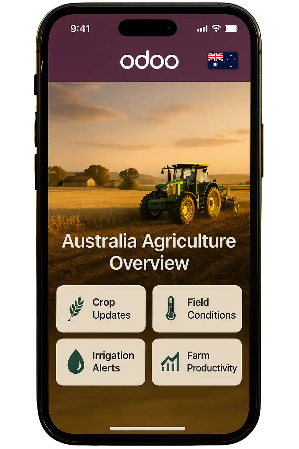 Front-facing smartphone with Odoo Crops and Farm Management app and leaves, wheat, and soil around it.
