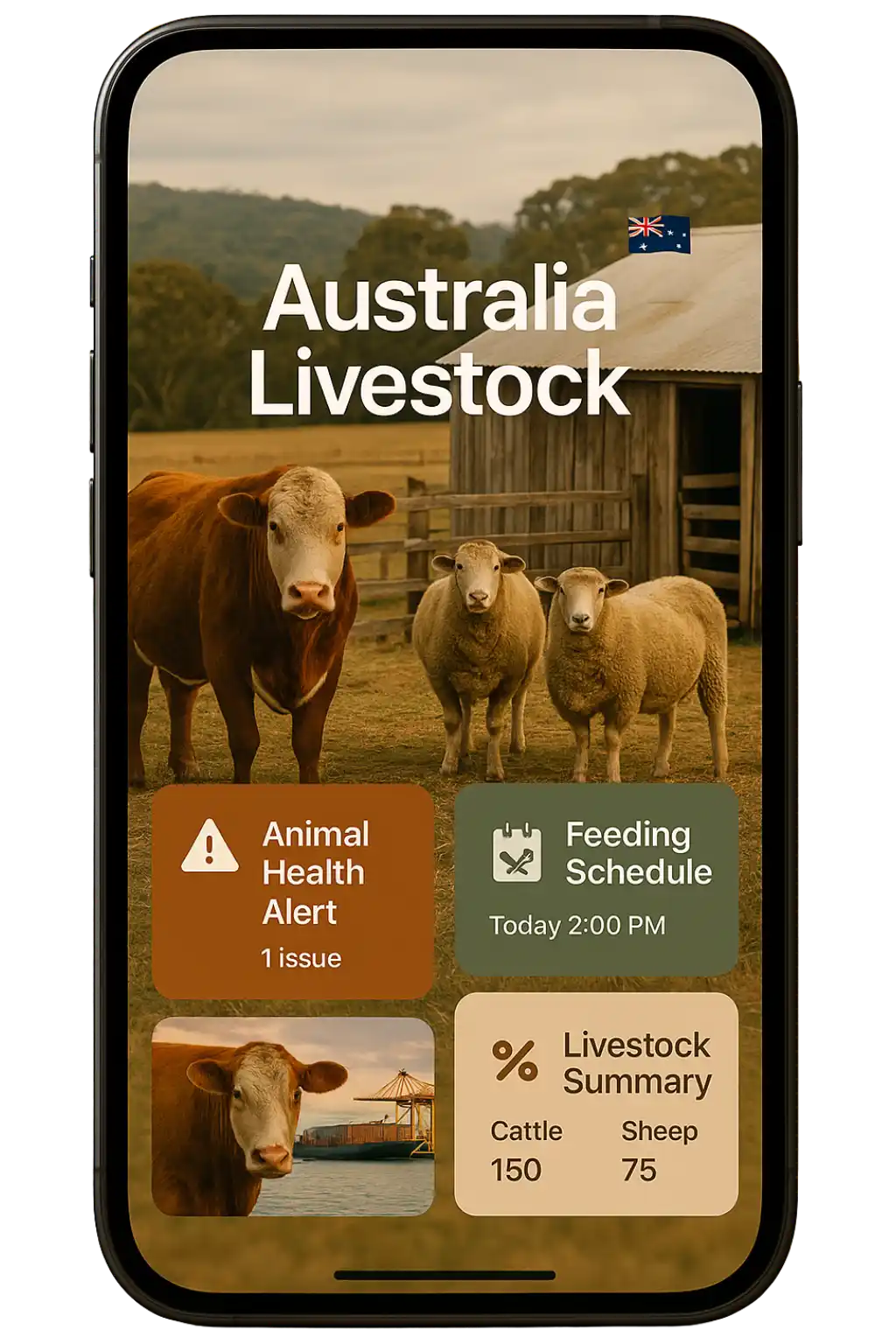 Front-facing smartphone with Odoo livestock tracking app, cow, sheep, hay bale, and soil around the screen.