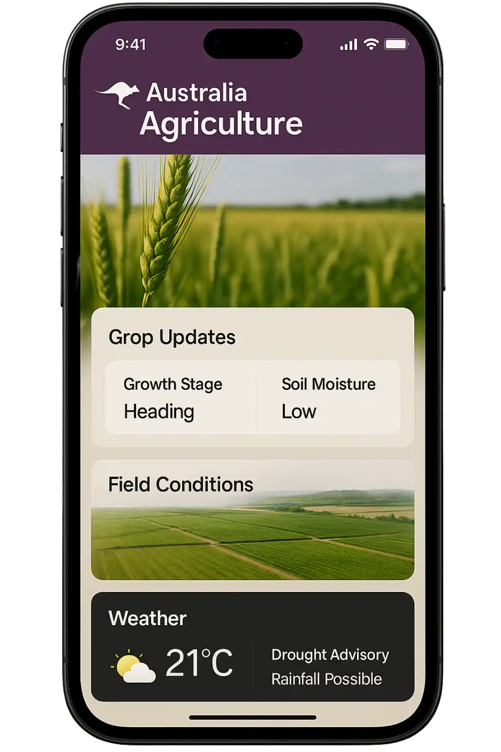 Front-facing smartphone with Odoo inventory and farm equipment modules, tractor, shovel, sheep, and seed bag.