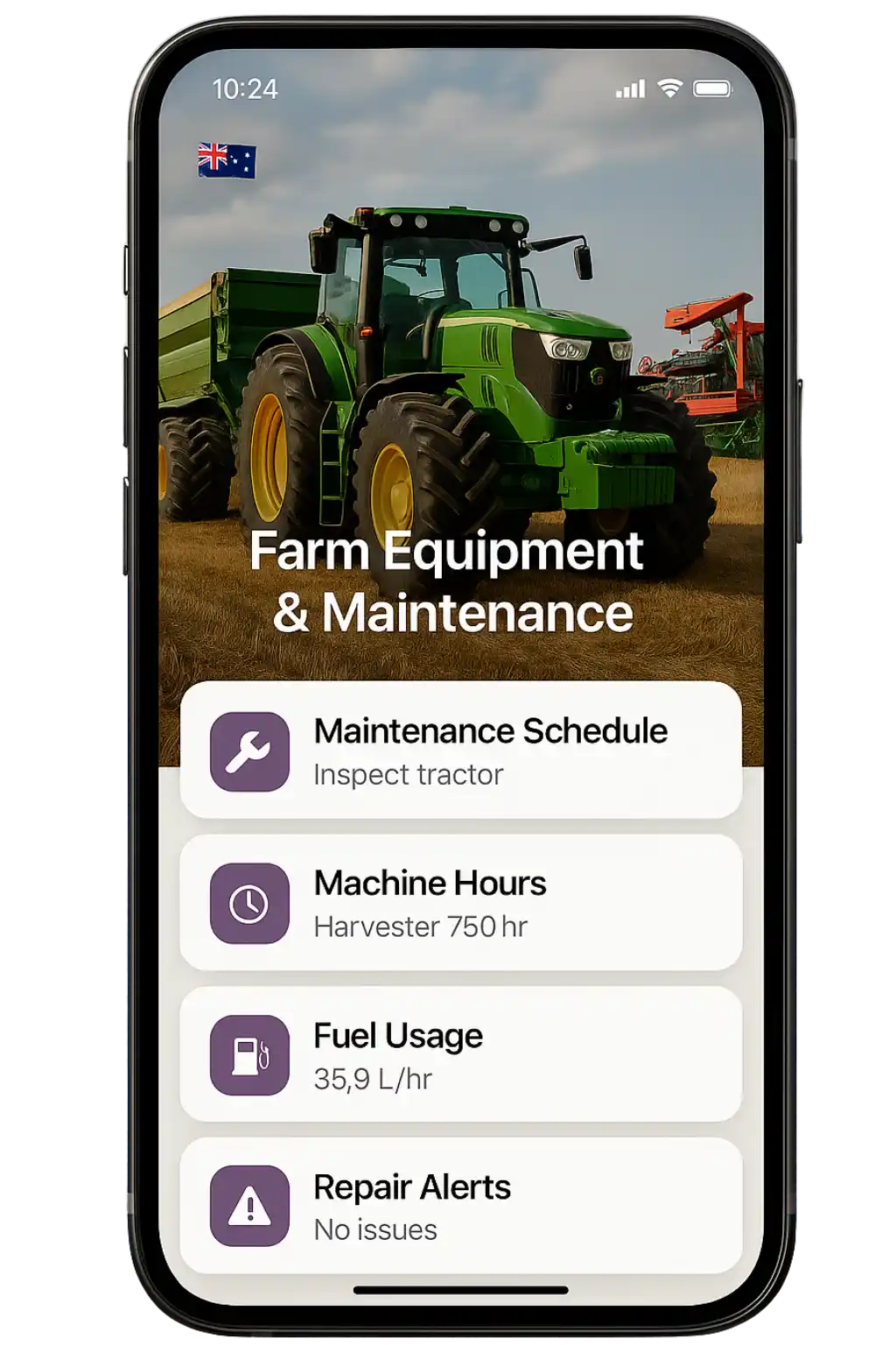 Front-facing smartphone with Odoo weather and analytics dashboard and 3D sun, clouds, raindrops, and farm icons.