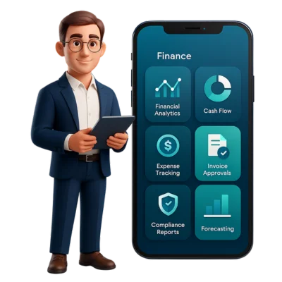 Finance dashboard screen showing analytics, cash flow, expenses, and forecasting