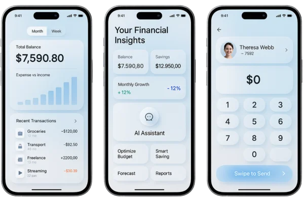 Three mobile screens showing financial analytics, smart budgeting features, and send-money form.