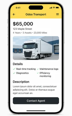  Transport app screen displaying truck details, pricing, and maintenance insights. 