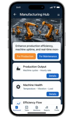  Manufacturing app dashboard showing production output and machine health metrics. 