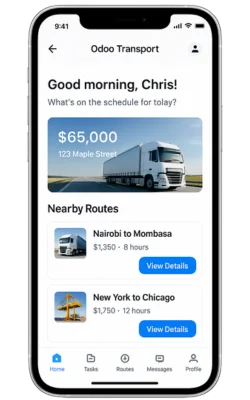  Logistics app showing truck listing and nearby delivery routes. 