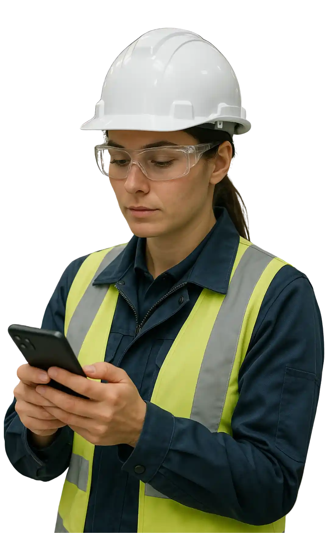 Manufacturing worker with hard hat and safety glasses using a smartphone.
