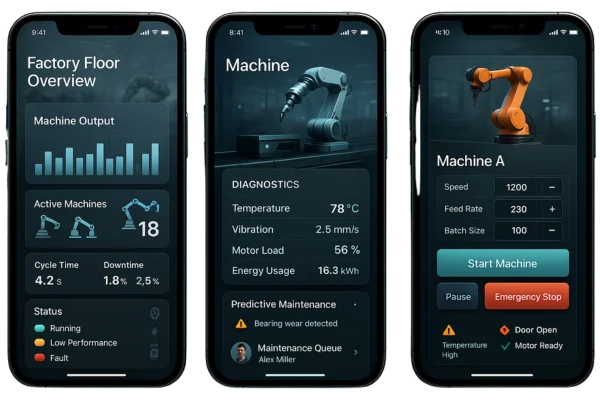 Mobile manufacturing dashboard showing machine output, diagnostics, and robot control interface.