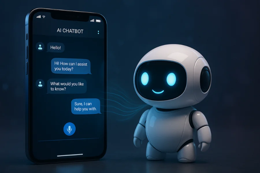 A small glowing robot interacts with a smartphone displaying an AI chatbot conversation on screen.