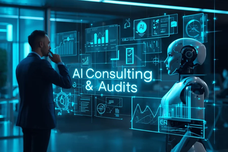 A professional man stands before a humanoid robot while digital panels show data and the text “AI Consulting & Audits.