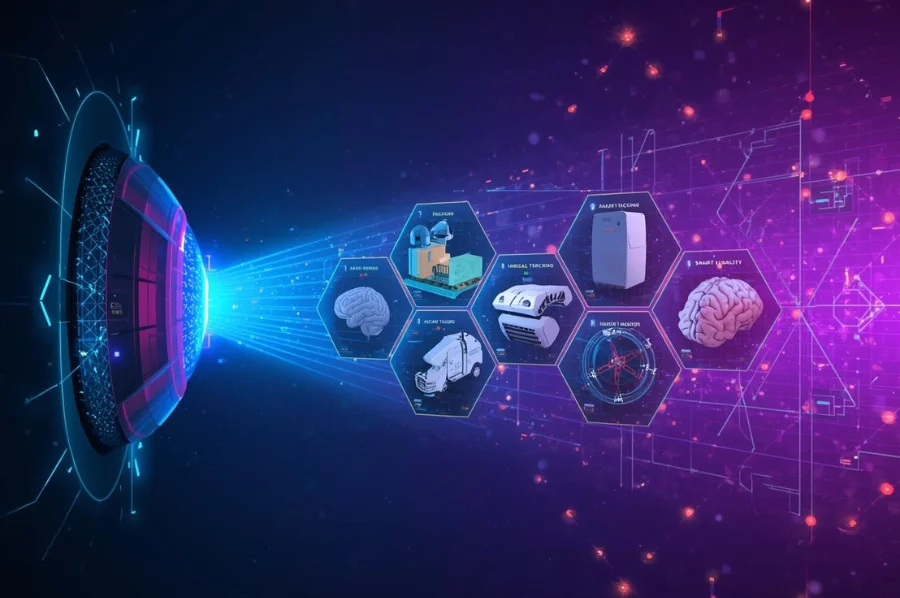 A digital eye projects beams of light displaying hexagonal icons representing artificial intelligence, robotics, and neural networks.