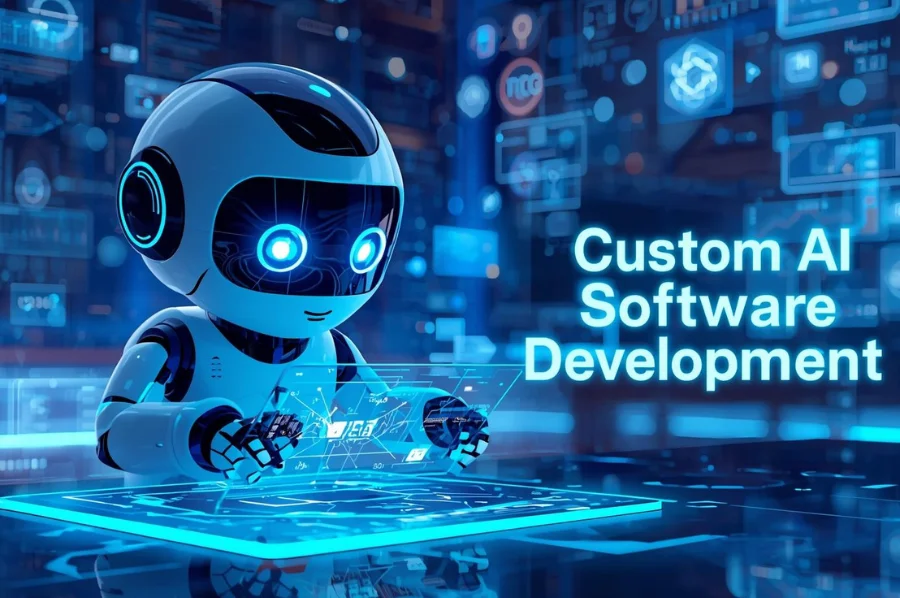 A friendly robot works on a holographic touchscreen with the text “Custom AI Software Development” displayed beside it.