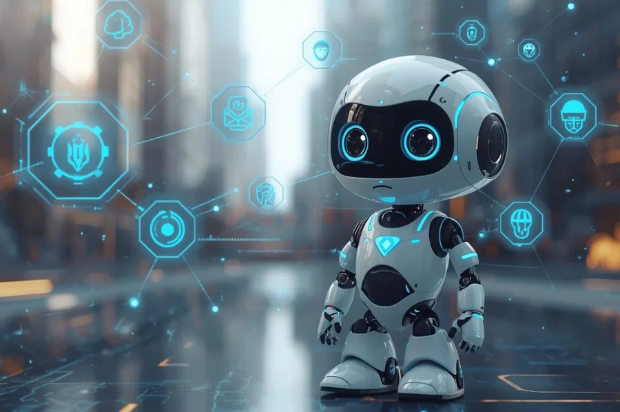 A cute humanoid robot stands in a futuristic city surrounded by glowing digital icons representing AI technology.