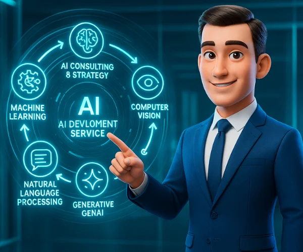  AI engineer in a suit pointing at holographic AI consulting, ML, NLP, CV, and GenAI icons. . 