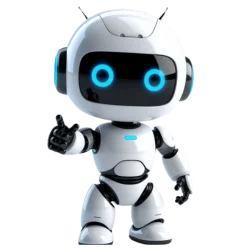  Small humanoid robot reaching out with bright neon-blue highlights.
.
