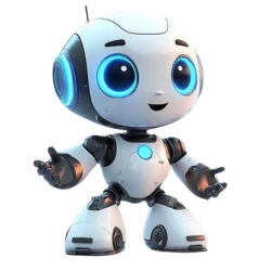  Small futuristic robot welcoming with open hands and glowing accents.
.