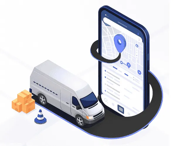 Delivery van connected to a mobile map interface in a 3D logistics concept illustration