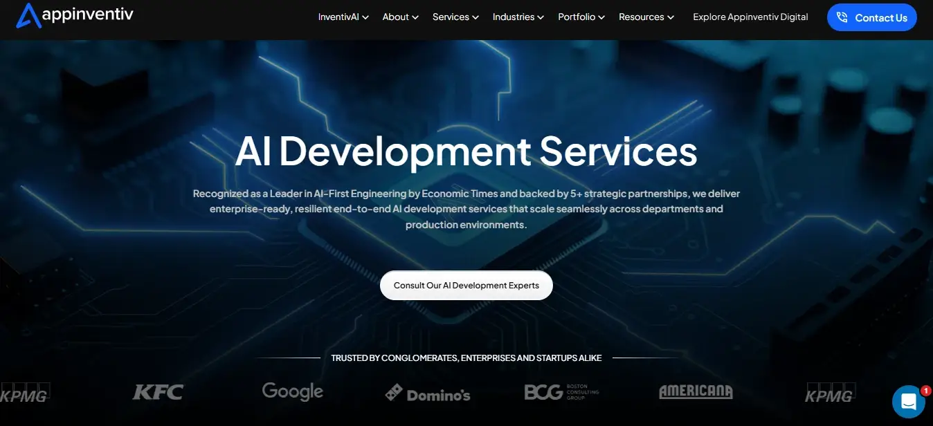 Appinventiv AI development company homepage preview
