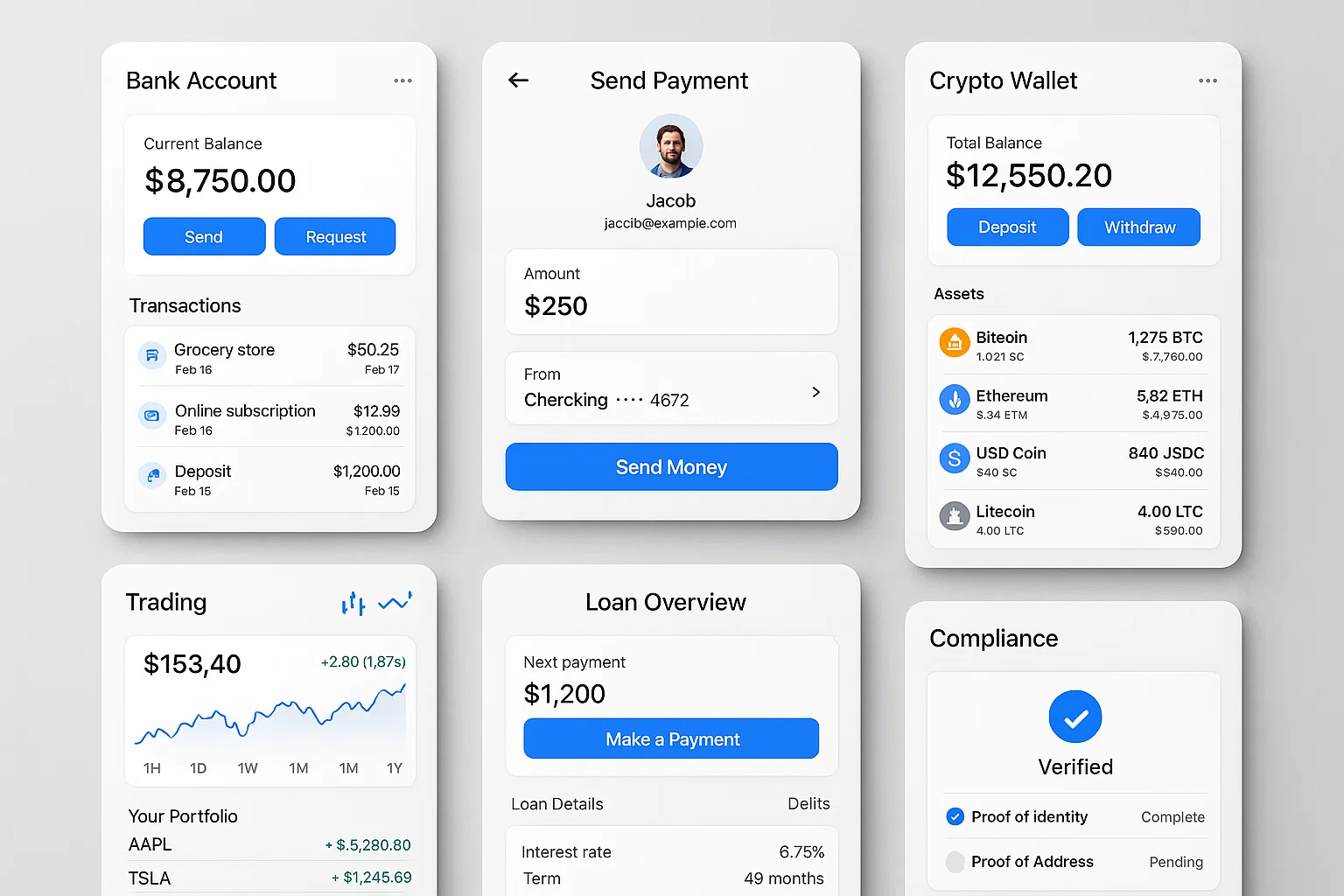 Grid of fintech product UIs showing banking, payment, wallet, trading, lending, and compliance screens in a modern blue-white interface design
