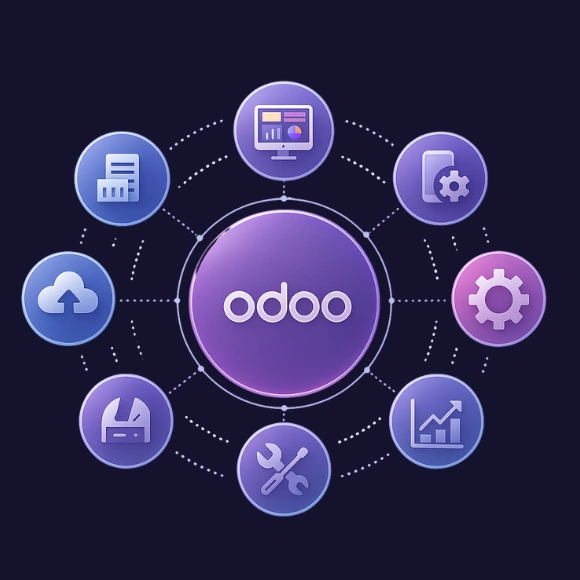  Odoo ERP system visual showing integration of HR, Sales, Finance, Inventory, and Operations modules into a unified 360-degree business dashboard.
.