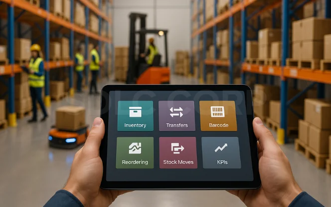 Tablet showing Odoo warehouse modules for inventory, transfers, barcodes, and stock moves in a busy warehouse.