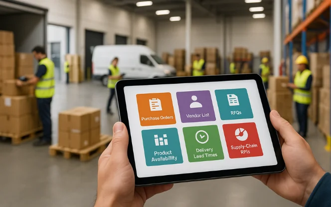 Tablet displaying Odoo procurement modules like purchase orders, vendor list, RFQs, and delivery lead times.