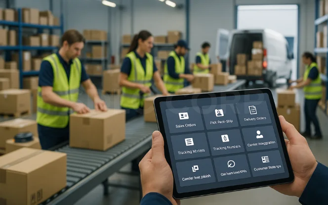 Tablet with Odoo shipping and tracking modules while workers pack boxes on a conveyor belt.