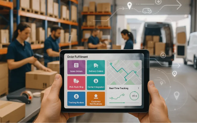 Tablet showing Odoo order fulfillment and real-time delivery tracking inside a warehouse loading area.
