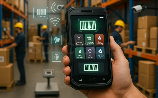 Handheld device with Odoo barcode scanning, IoT inventory tools, and batch tracking in a warehouse.