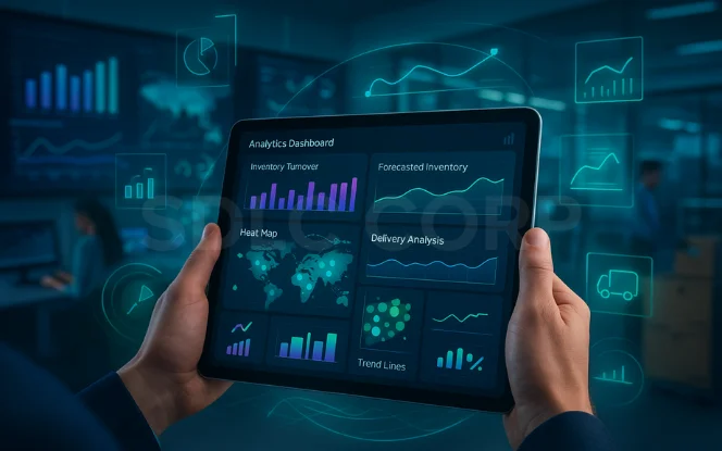 Tablet displaying logistics analytics including heat maps, forecasted inventory, and delivery trends.