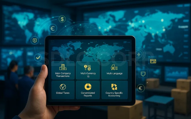 ITablet showing Odoo global finance modules like inter-company transactions, multi-currency, and consolidated reports.