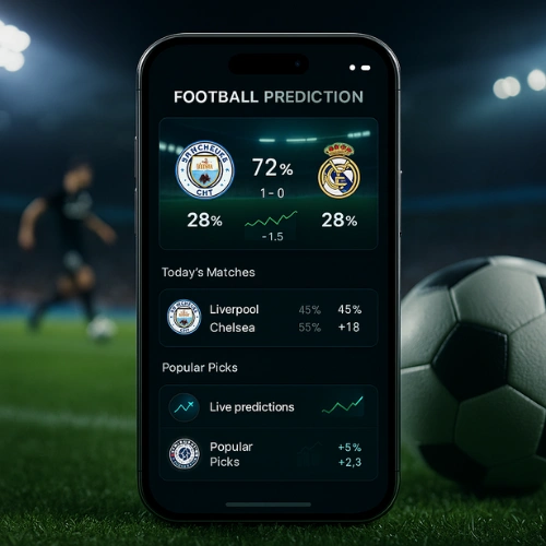 Mobile screen showing live football prediction interface with match win probabilities, today’s matches, popular picks, and real-time analytics on a stadium background
