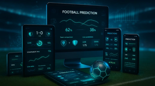 Desktop and mobile screens showing football prediction dashboard with live odds, probability charts, match analytics, and glowing football on stadium surface