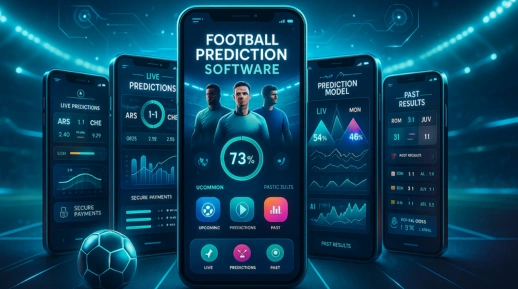 Multiple smartphone screens displaying football prediction software with live predictions, AI probability charts, past results, and stadium background