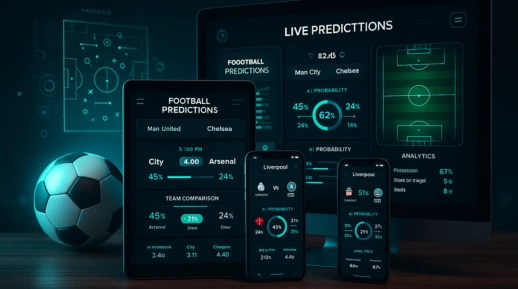 Multiple devices showing live football predictions, match probabilities, analytics dashboards, and team comparisons with a football on a digital sports background
