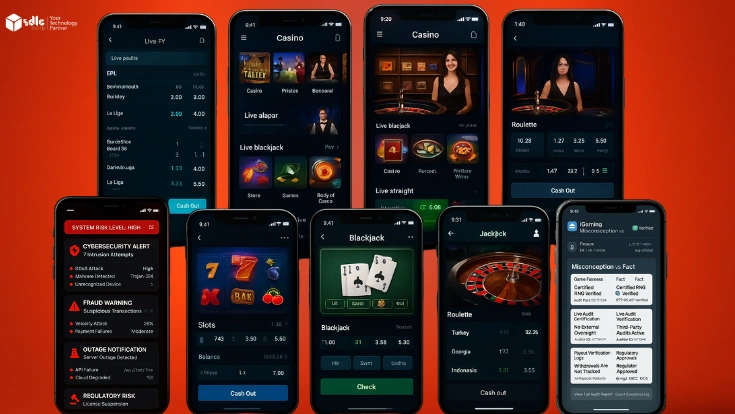 Collage of multiple phones showing iGaming dashboards with betting, casino, and wallet interfaces