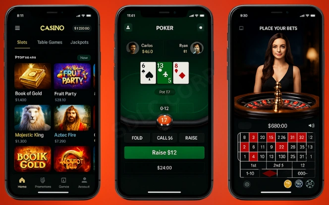 iGaming Core Concept Interfaces Three front-facing phones showing casino lobby, poker table, and live roulette interfaces