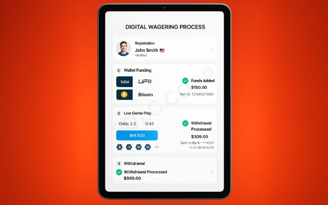 iGaming Wagering Process Dashboard Tablet showing registration, wallet funding, live gameplay, and withdrawal confirmation flow
