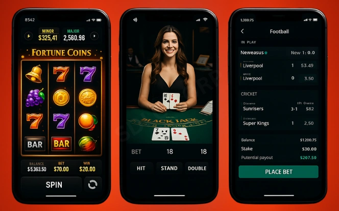 iGaming Game Categories Three phones showing slots, live blackjack, and sports betting dashboards