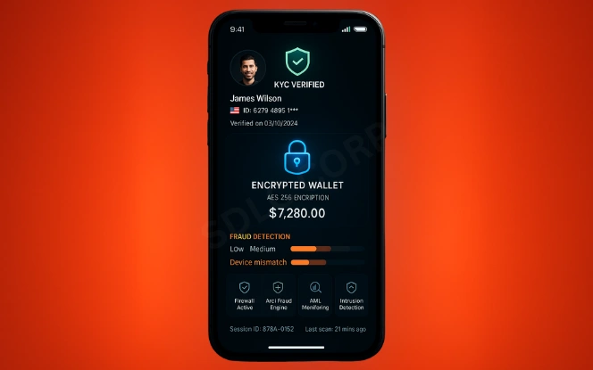 iGaming Cybersecurity and KYC Mobile showing KYC verification, encrypted wallet, and fraud detection alerts
