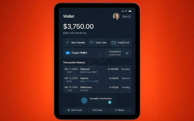 iGaming Payments and Wallet System Tablet showing bank transfers, card payments, crypto wallet balance, and transaction history