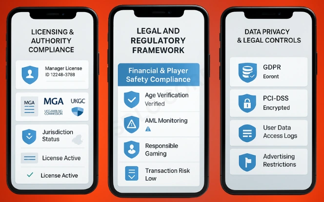 Mobile iGaming User Behavior Analytics Three phones showing heatmap usage, session duration, and biometric login analytics