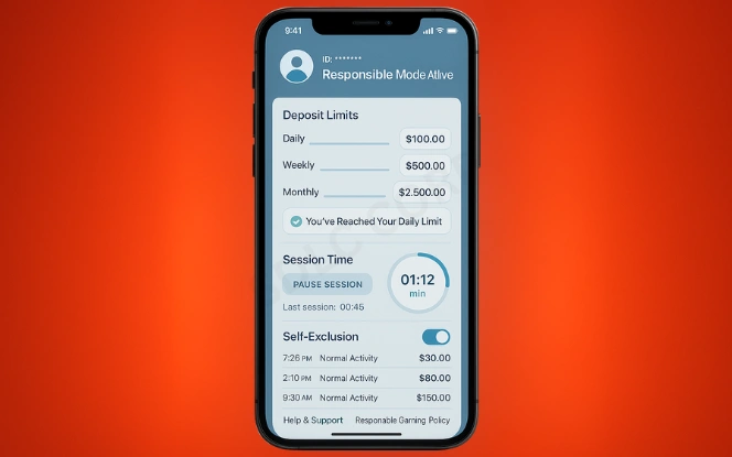 Responsible Gaming Controls Mobile displaying deposit limits, session timer, self-exclusion, and activity monitoring