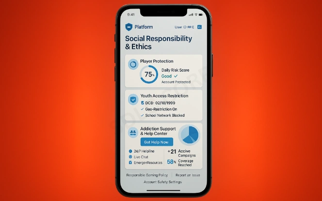 iGaming Ethical and Social Responsibility Mobile showing youth protection, addiction support, funding analytics, and awareness metrics