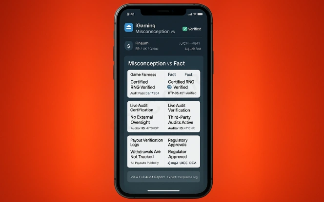 iGaming Misconceptions vs Facts Mobile displaying RTP verification, audit certification, payout logs, and regulator approvals