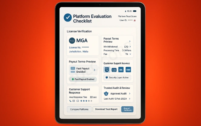 iGaming Platform Evaluation Checklist Tablet showing license check, payout terms, security badges, and support response tracker