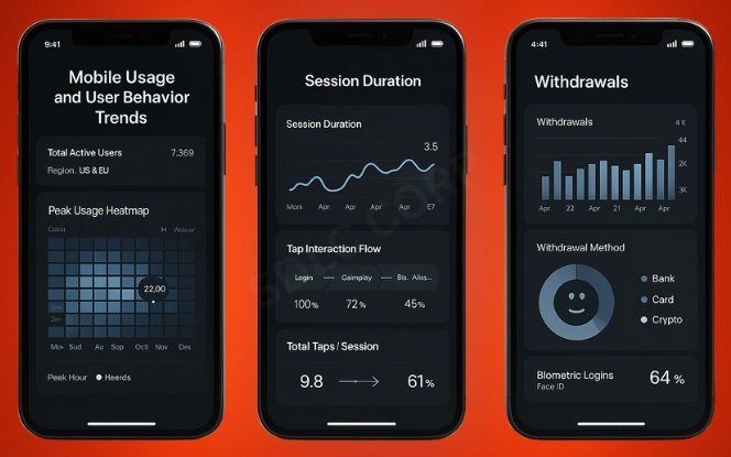 Mobile iGaming User Behavior Analytics Dashboard Three smartphones showing mobile usage heatmap, session duration, withdrawals, and biometric login analytics