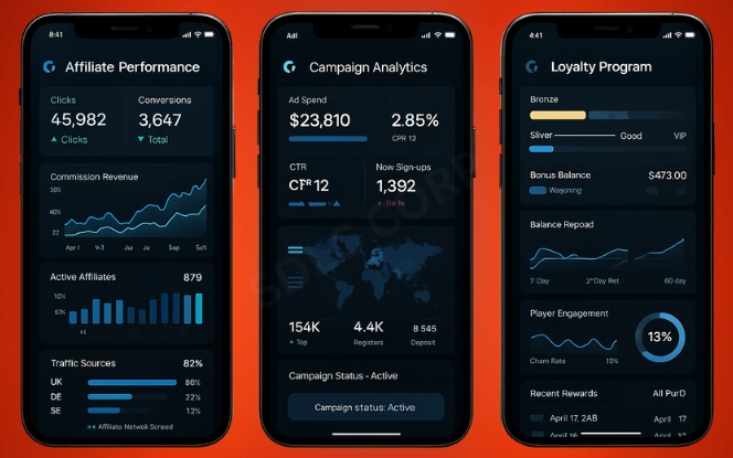 iGaming Marketing and Player Acquisition Three phones showing affiliate tracking, campaign analytics, and loyalty program dashboards