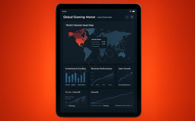 Global iGaming Market Growth Tablet showing world market heatmap, revenue charts, and iGaming user growth analytics