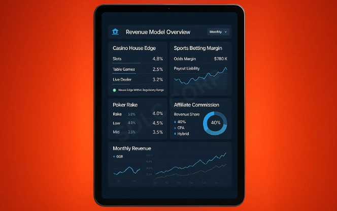 iGaming Revenue Model Dashboard Tablet displaying casino margins, sports betting profits, poker rake, and affiliate revenue charts